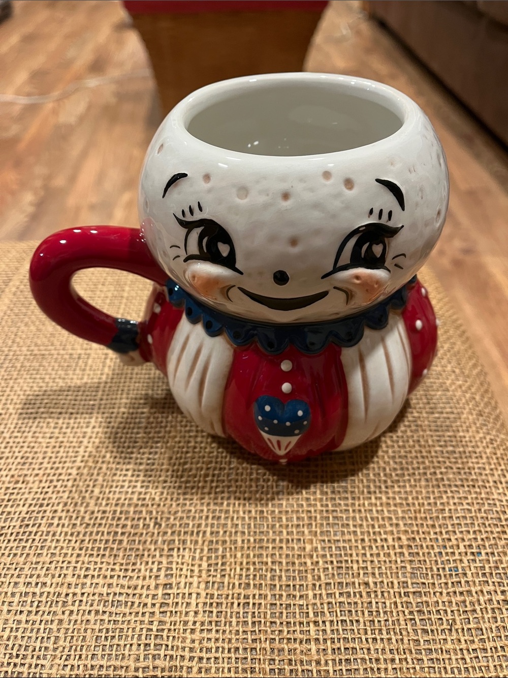 Johanna Parker Whimsical Smiling Face Ceramic Mug in Red, White, Blue